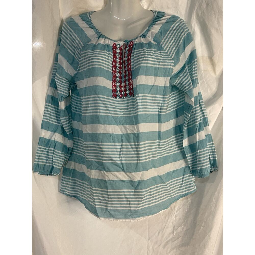 Talbots Blouse Women’s Size Small 3/4 Sleeve Boho Hippie Teal Striped Beaded